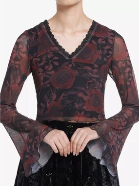 Cosmic Aura Y2K Rose  Mesh Bell Sleeve Top